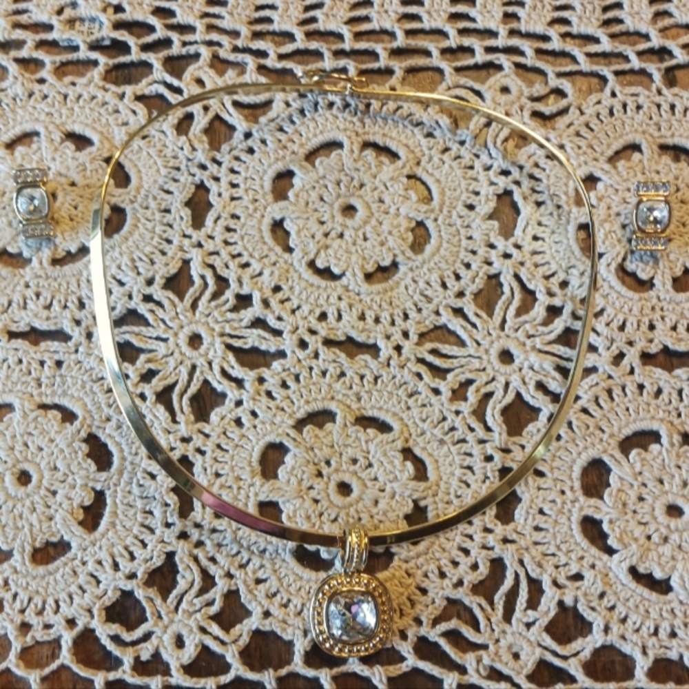 Vintage Gold Collar Necklace and CZ Pendant and Earring Set by Premier Designs